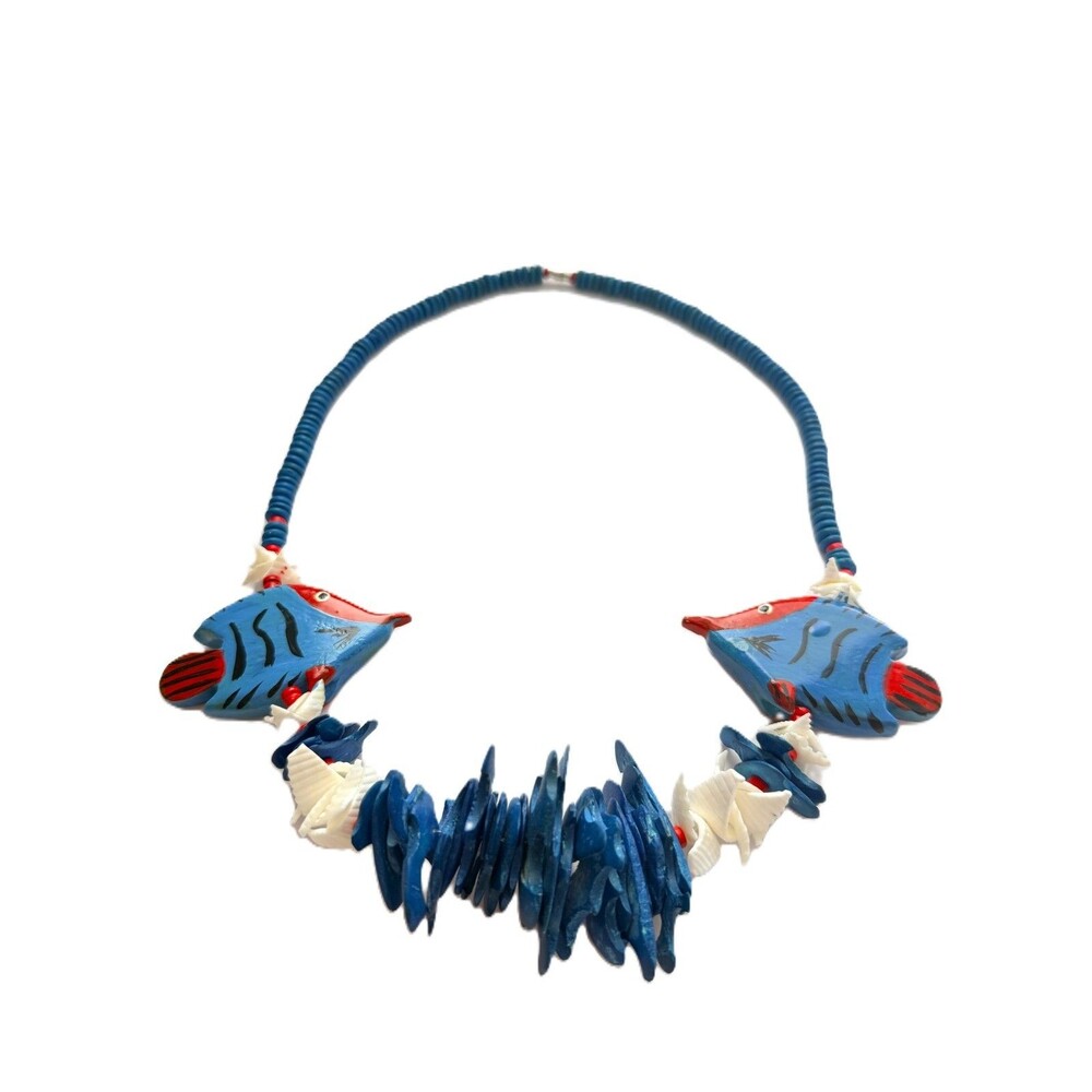Vintage Hand Carved Wood Tropical Fish Shell Statement Necklace Blue Ocean Boho - Picture 7 of 8